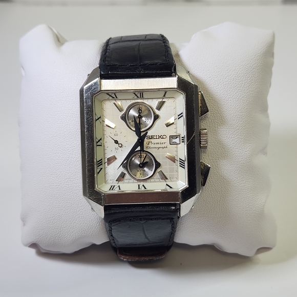 Seiko Premier Chronograph Watch Men's Black Leather Watch - Picture 1 of 16